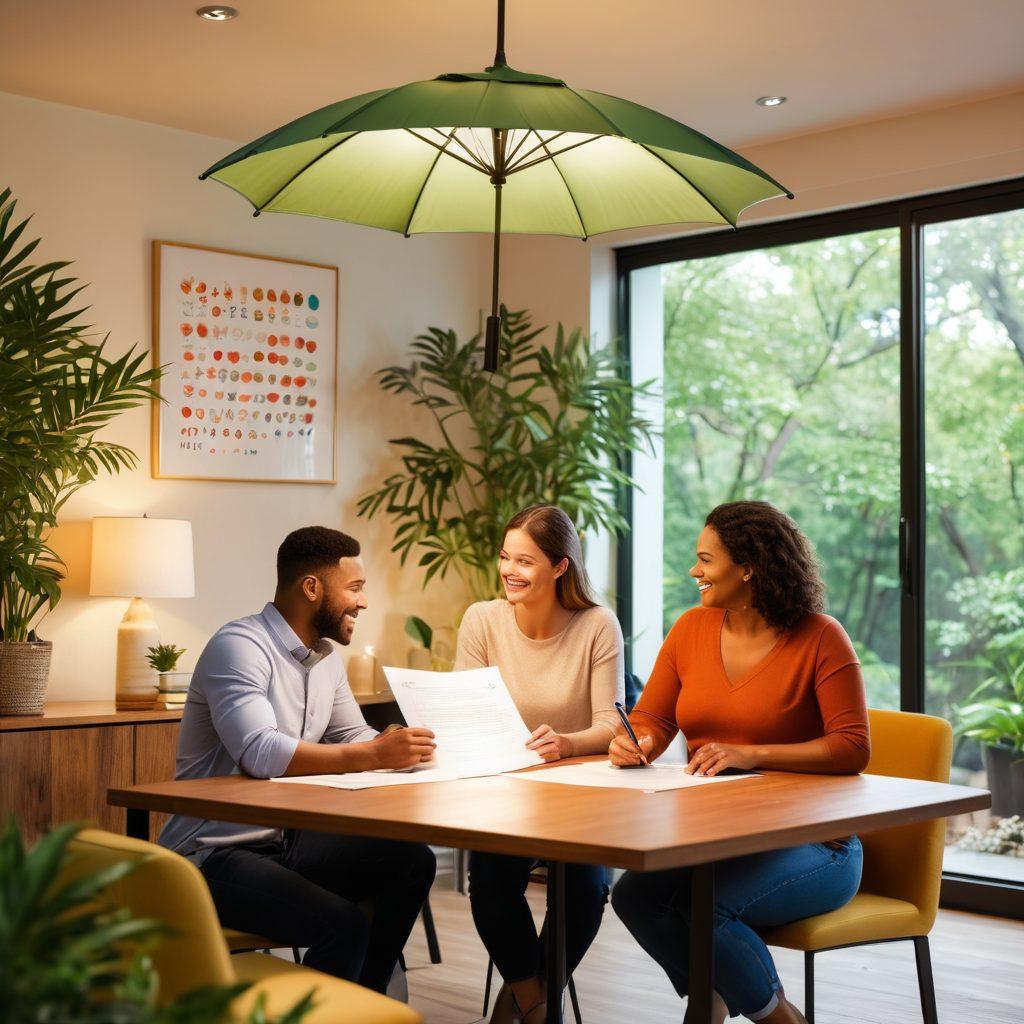 A serene scene depicting two loving couples consult a friendly insurance advisor in a cozy office filled with plants and soft lighting. The advisor presents a glowing insurance policy document while the couples express confidence and trust, surrounded by symbols of security such as umbrellas and shields. Include a warm color palette to evoke feelings of care and security. super-realistic. cozy atmosphere. vibrant colors.