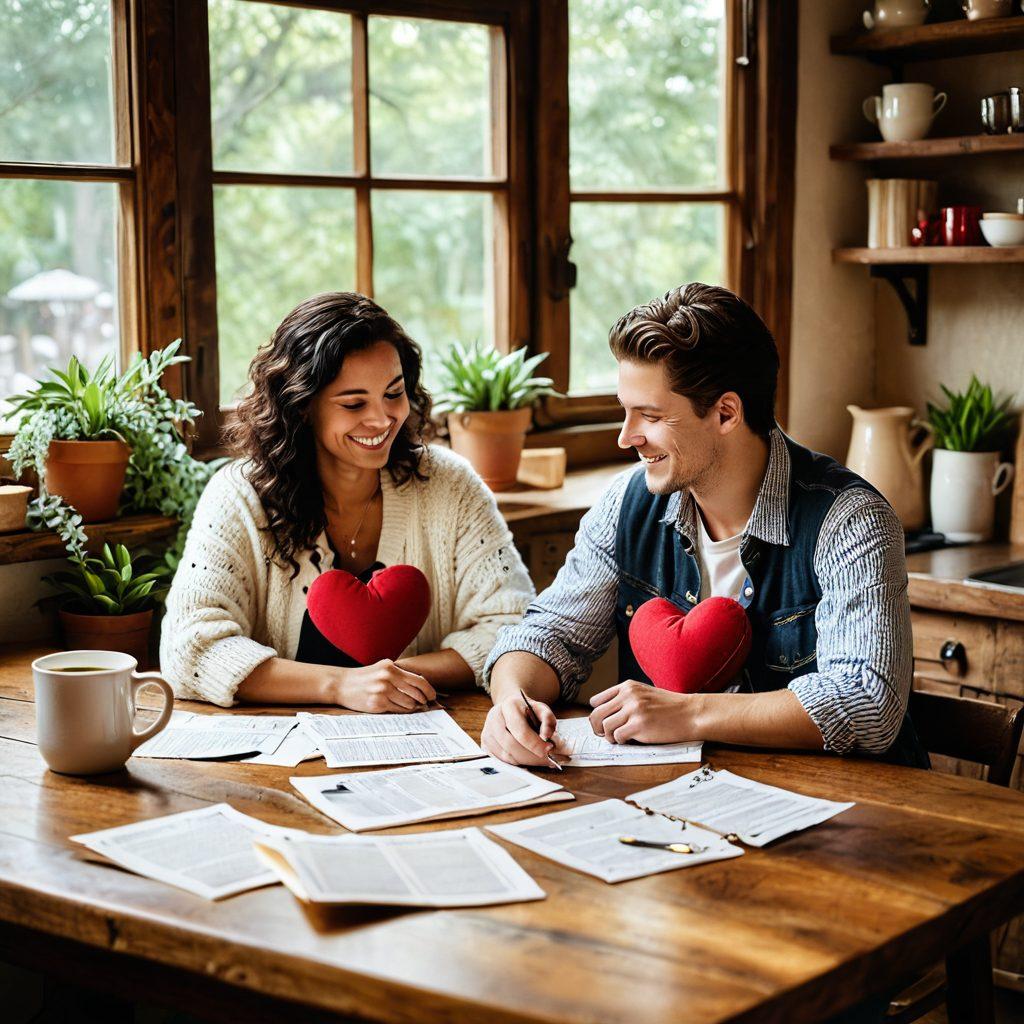 A cozy scene depicting a couple sitting together at a kitchen table, surrounded by colorful insurance policy documents and love notes. They are smiling and discussing while holding a heart-shaped cushion, symbolizing love and partnership. Soft sunlight filters through a window, creating a warm atmosphere. Include elements of a home like plants and coffee mugs to enhance the intimate feel. super-realistic. vibrant colors. warm tones.