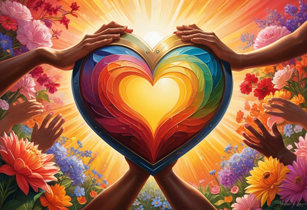 A heart-shaped shield symbolizing love, surrounded by interlocking hands representing support and protection. In the background, diverse couples standing strong together under a radiant sun, illustrating unity and safety. Include elements of nature like blooming flowers to signify growth and nurturing relationships. vibrant colors. digital painting.